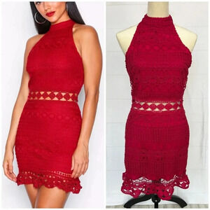 Parisian Red Crocheted Cut Out Halter Dress Fitted Size 8 UK 12